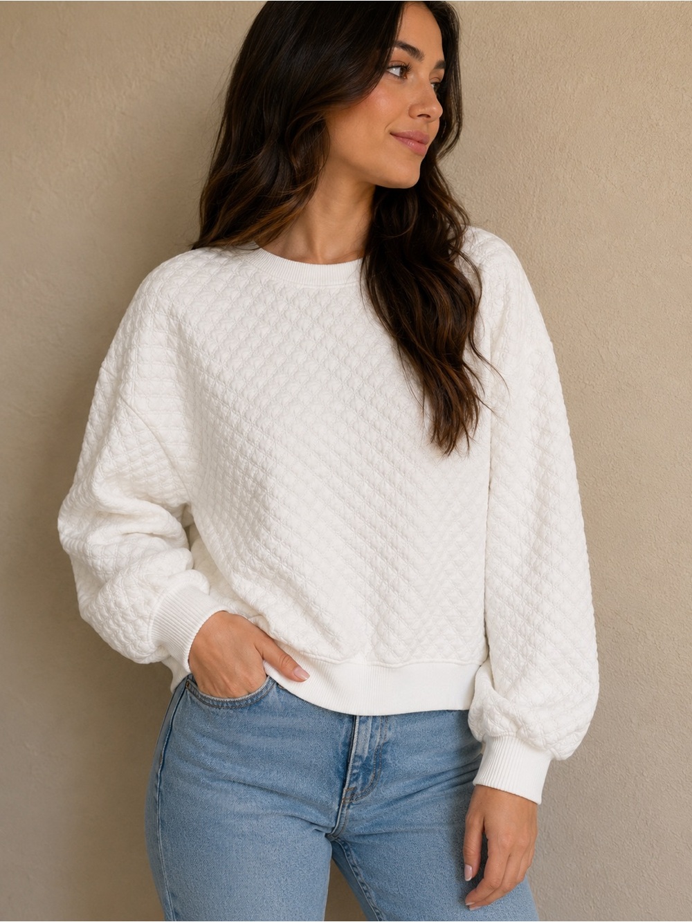 SHEIN White Quilted Textured Sweatshirt | Women’s Size Small